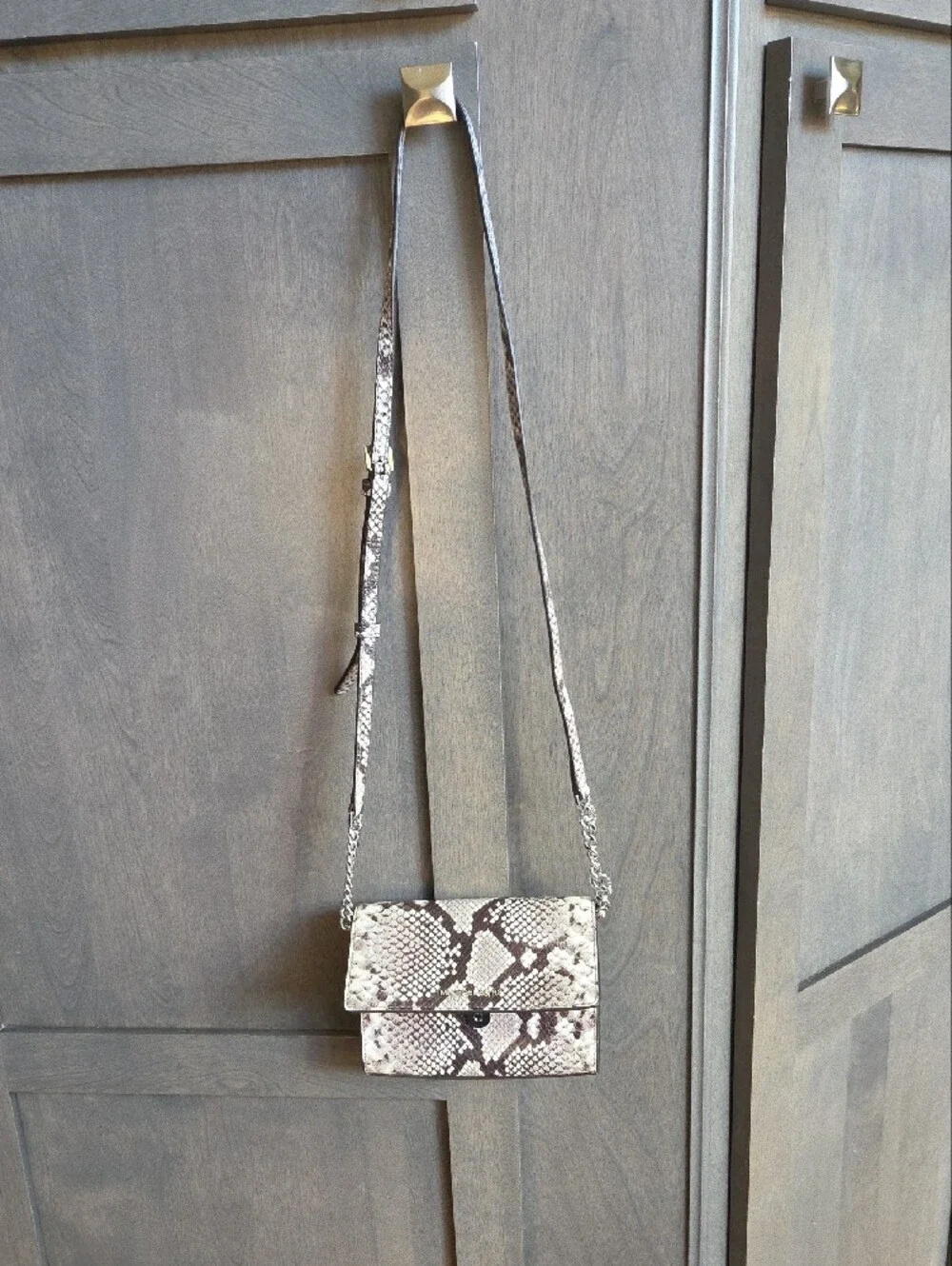 Michael Kors Snake-Print Crossbody in Beige and Brown with Silver Chain